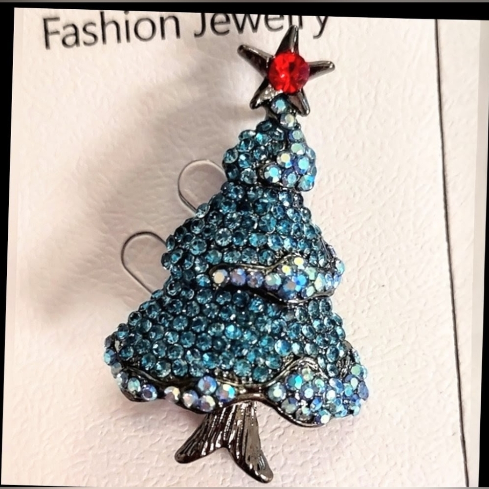 Blue Rhinestone Christmas Tree Brooch Red Star Topper